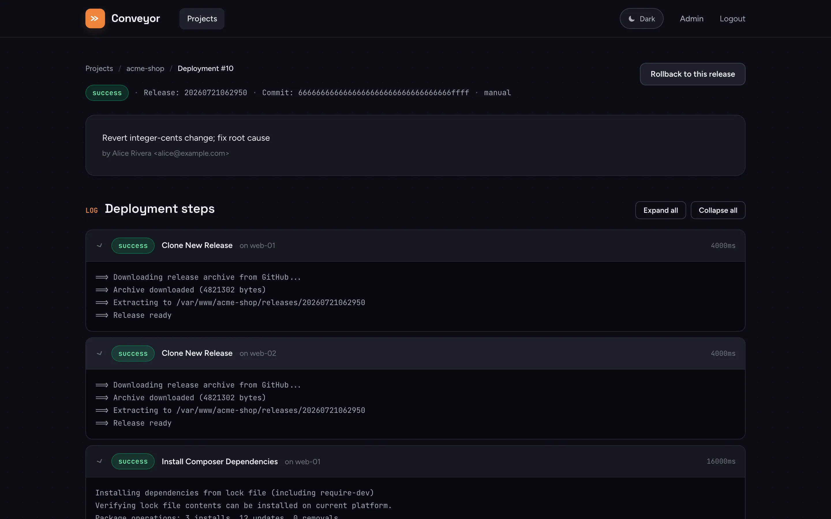 A finished deployment in Conveyor with per-step, per-server log output